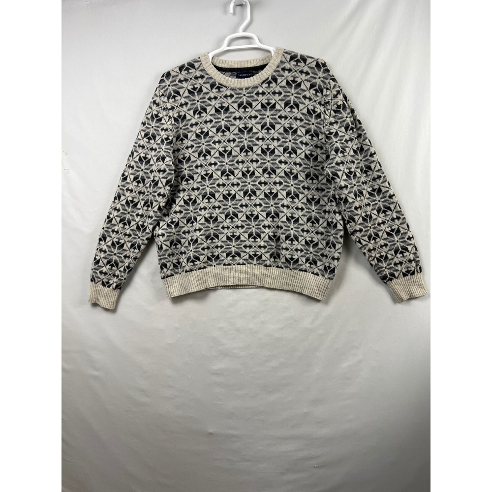 Lands' End Sweater Mens XL Grey Black 100% Lambswool Geometric Snowflake Knit